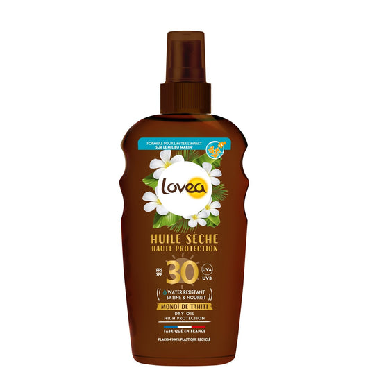 Huile Solaire Corps Spf 30 Haute Protection Satine Nourrit Résistant A l'Eau Monoi de Tahiti LOVEA le spray de 150mL