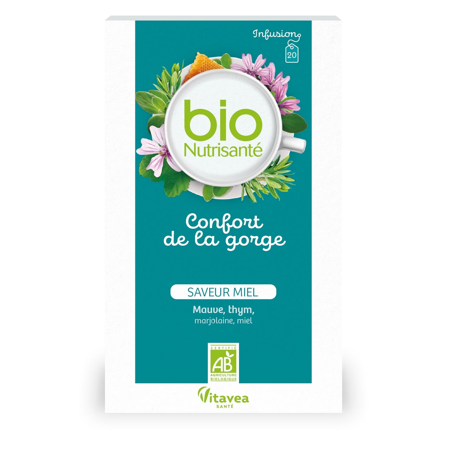 Infusion Confort de la Gorge Mauve Thym Marjolaine Citron Miel Bio BIONUTRISANTE 
