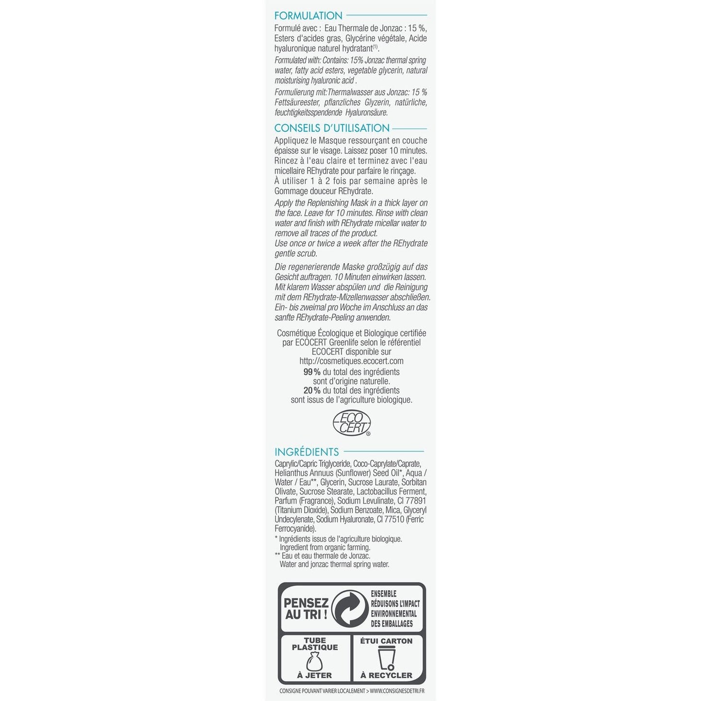 Regenerierende Gesichtsmaske rehydriert Bio-Jonzac-Thermalquellwasser