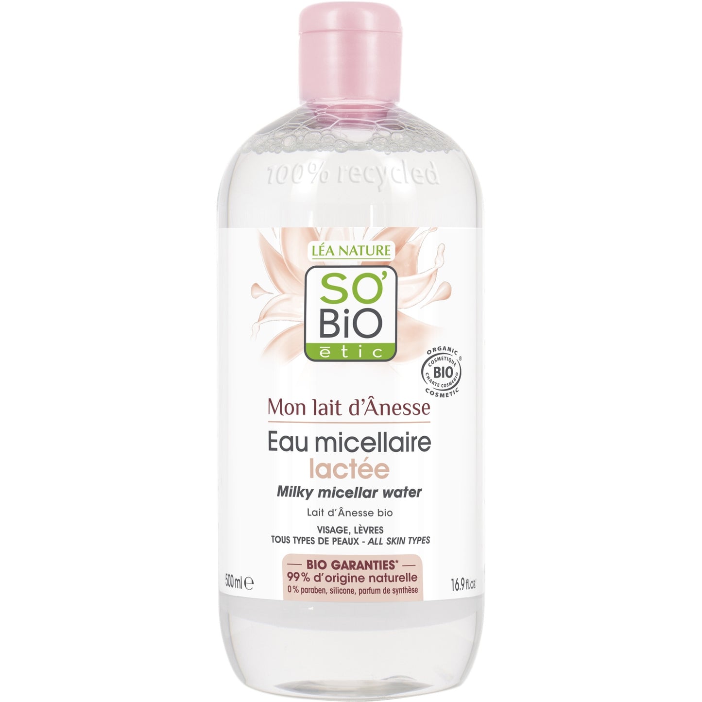 Eau micellaire Lactée Visage Lèvres Lait d'Ânesse Bio Sans Parfum de Synthèse SO'BIO ETIC 
