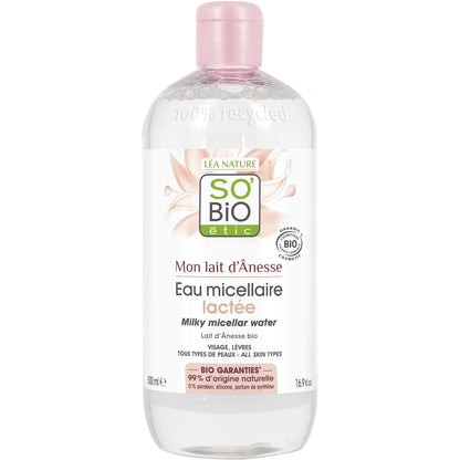 Eau micellaire Lactée Visage Lèvres Lait d'Ânesse Bio Sans Parfum de Synthèse SO'BIO ETIC 