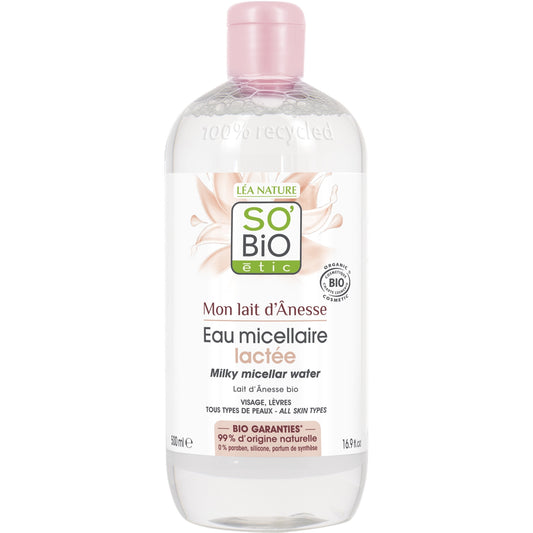 Eau micellaire Lactée Visage Lèvres Lait d'Ânesse Bio Sans Parfum de Synthèse SO'BIO ETIC 