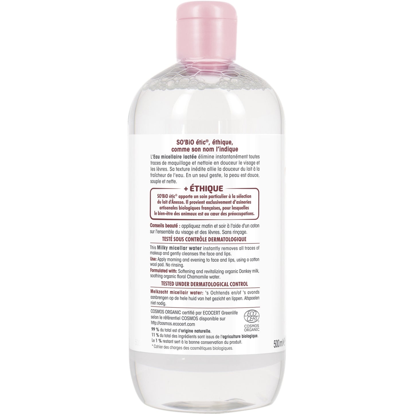Eau micellaire Lactée Visage Lèvres Lait d'Ânesse Bio Sans Parfum de Synthèse SO'BIO ETIC 