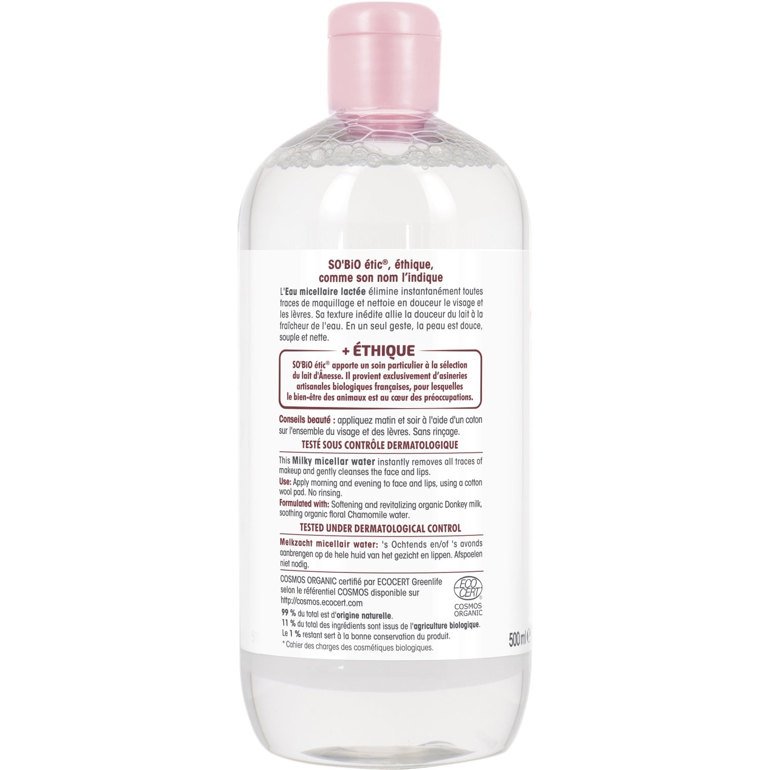 Eau micellaire Lactée Visage Lèvres Lait d'Ânesse Bio Sans Parfum de Synthèse SO'BIO ETIC 