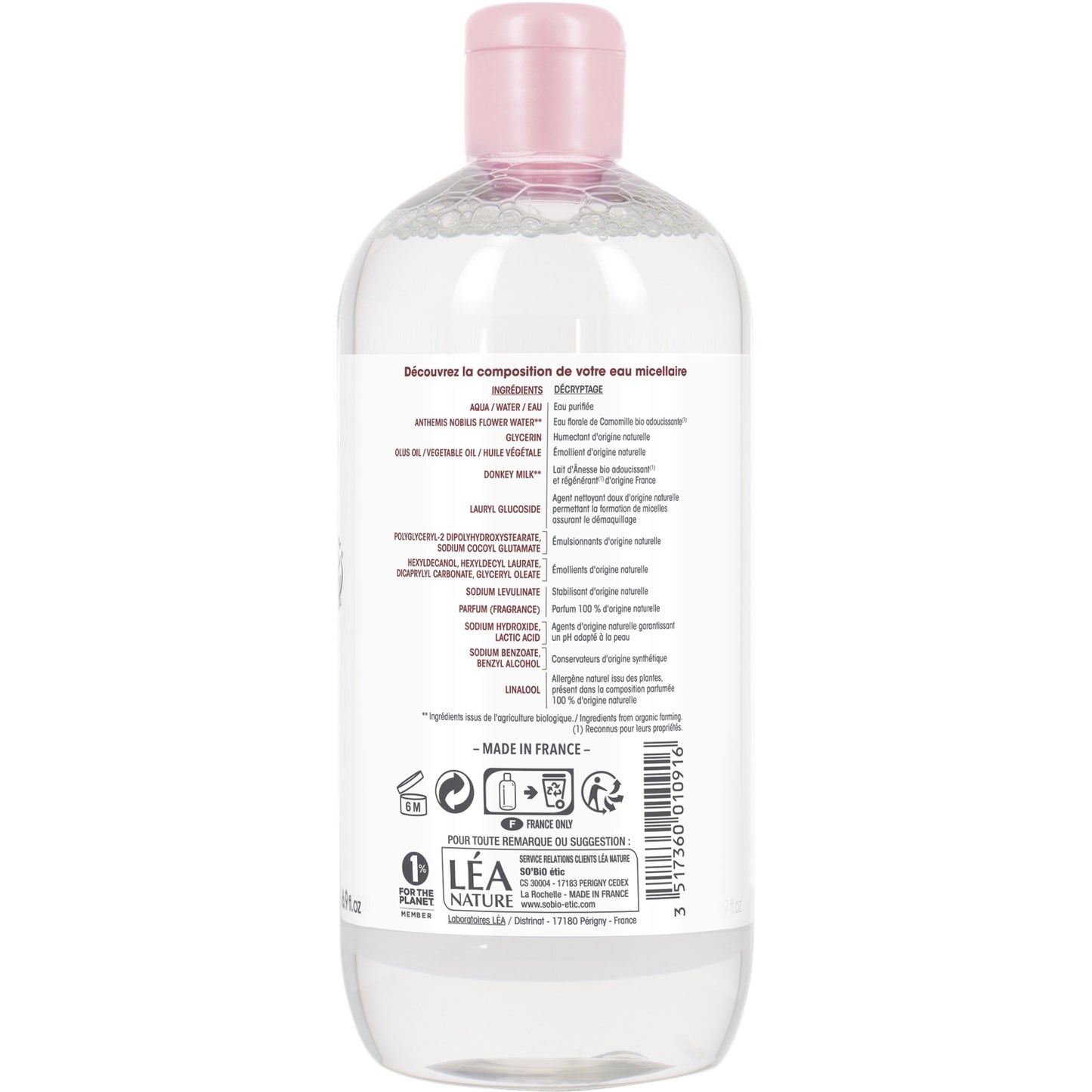 Eau micellaire Lactée Visage Lèvres Lait d'Ânesse Bio Sans Parfum de Synthèse SO'BIO ETIC 
