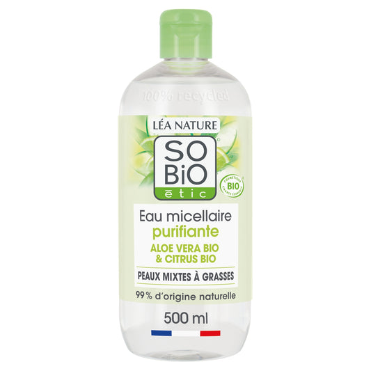 Eau micellaire Purifiante Visage et Yeux Tous Types de Peaux Aloe Vera Citrus Bio 0% Colorant et Tensioactif SO'BIO ETIC 