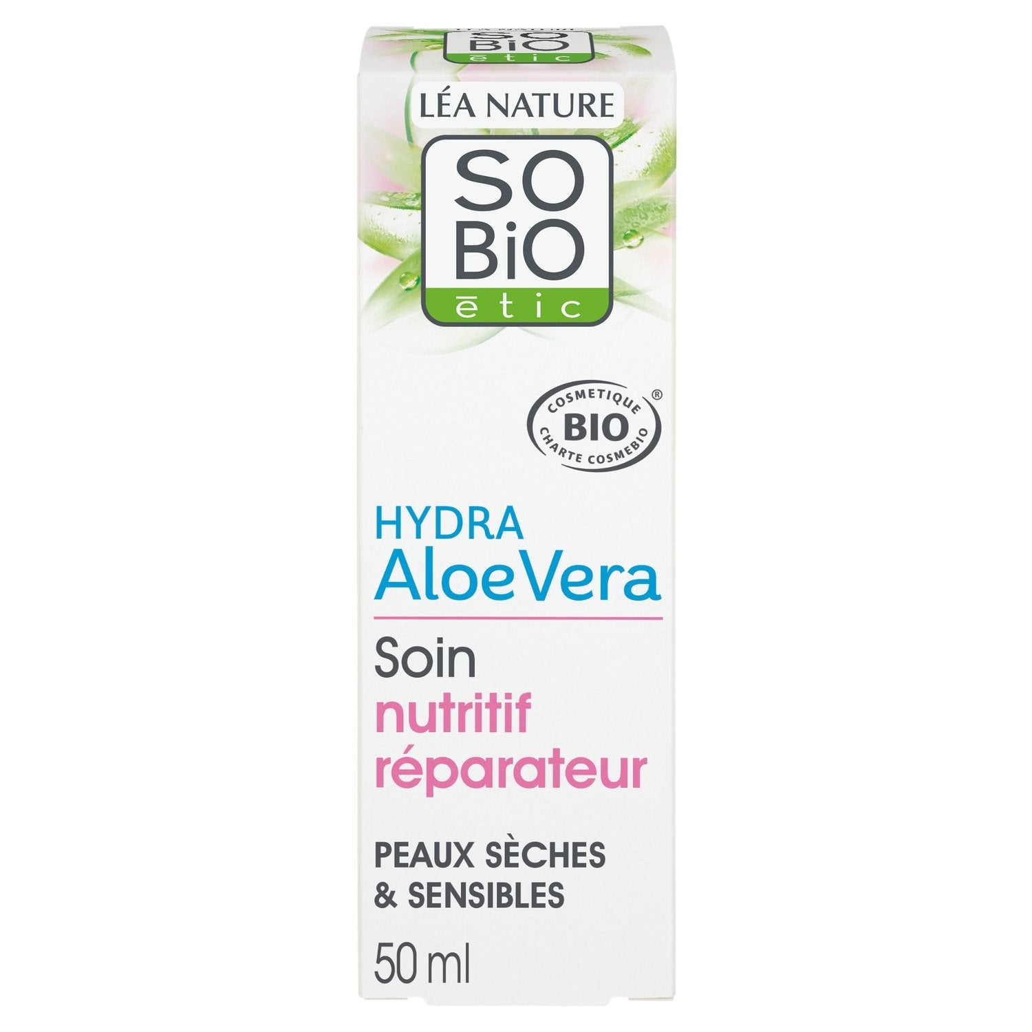 Soin Nutritif Réparateur Peaux Sensibles à Réactives Sèches à Très Sèches Hydra Aloe Vera Bio SO'BIO ETIC le tube de 50mL