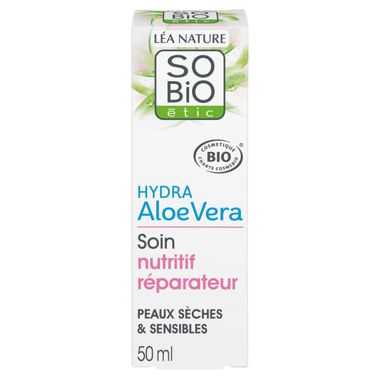 Soin Nutritif Réparateur Peaux Sensibles à Réactives Sèches à Très Sèches Hydra Aloe Vera Bio SO'BIO ETIC le tube de 50mL