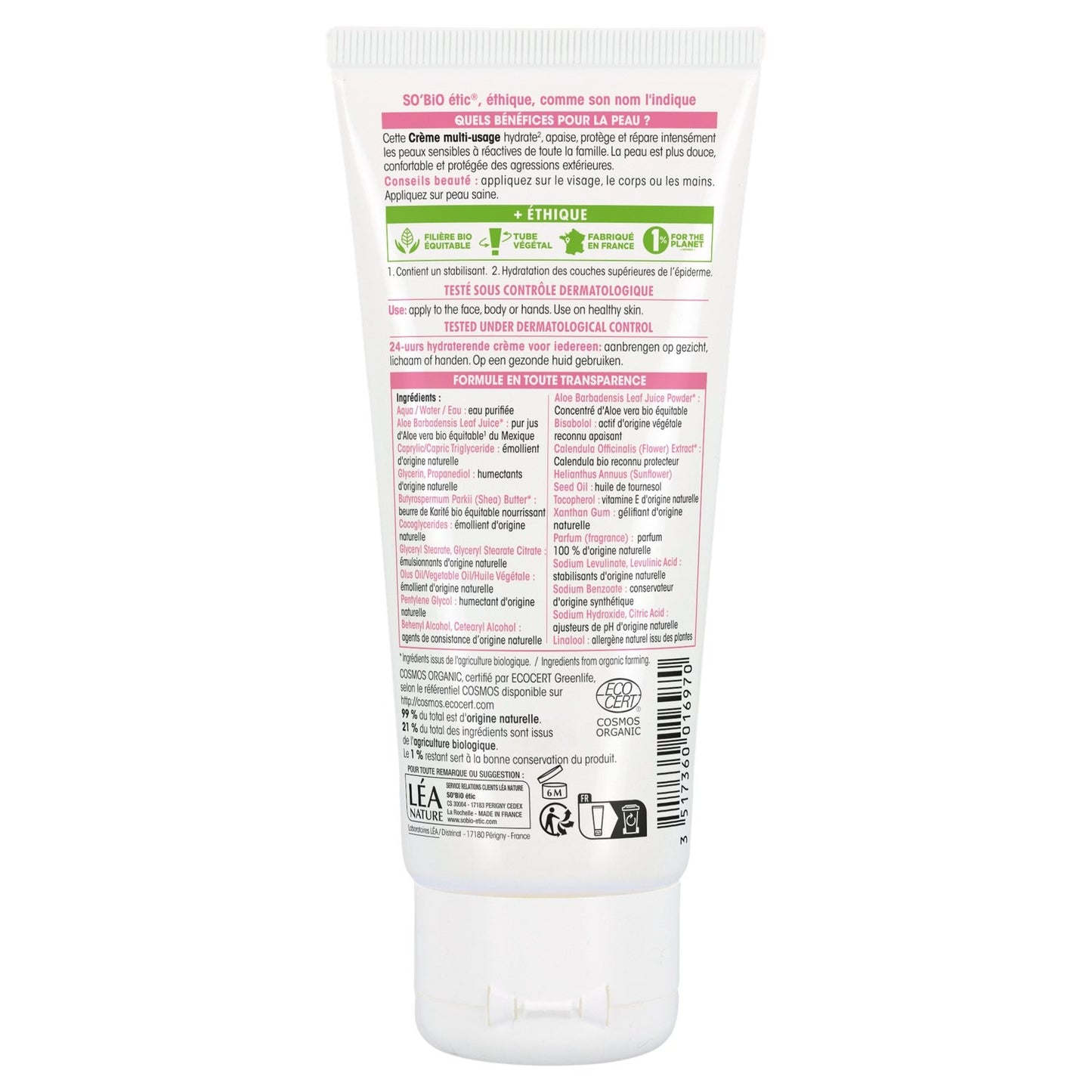 Aloe Vera Creme für empfindliche und reaktive Haut Bio La Crème des Familles SO'BIO ETIC