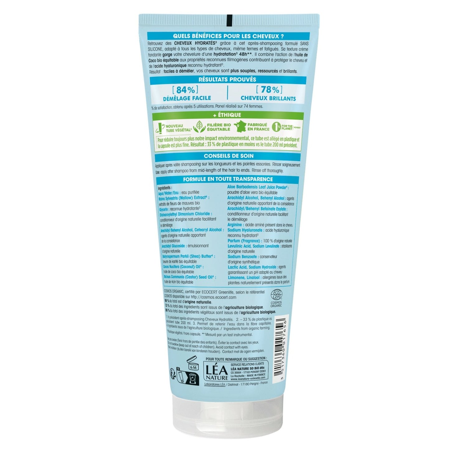 Après-Shampoing Hydratant Tous Types de Cheveux Huile de Coco Bio Sans Silicone SO'BIO ETIC