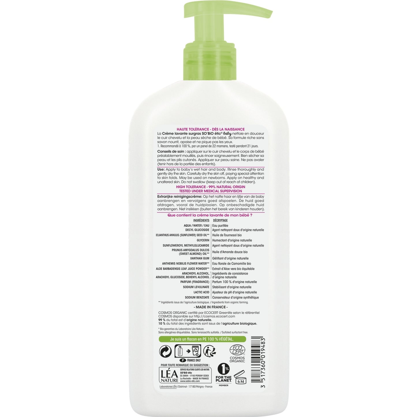 Crème Lavante Bébé Surgras Corps et Cheveux Haute Tolérance Bio SO'BIO ETIC