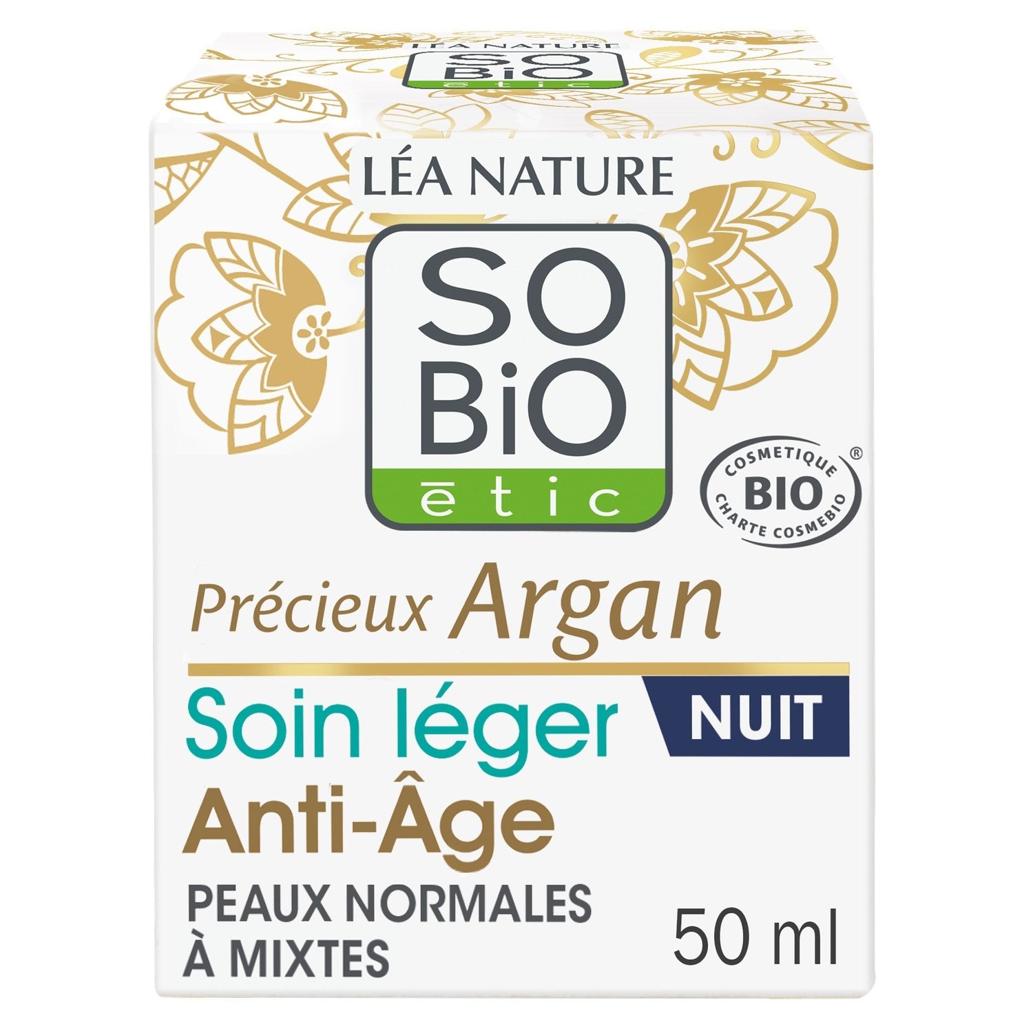 Crème Soin Anti-Âge Légère Nuit Précieux Argan Bio SO'BIO ETIC Le pot de 50 mL