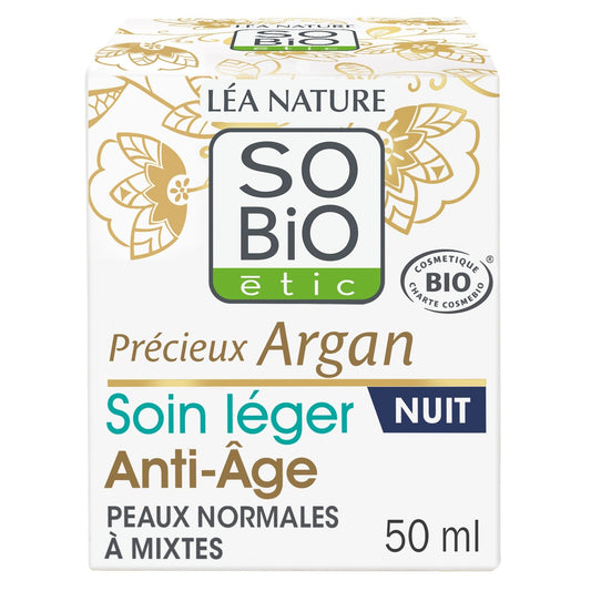Crème Soin Anti-Âge Légère Nuit Précieux Argan Bio SO'BIO ETIC Le pot de 50 mL