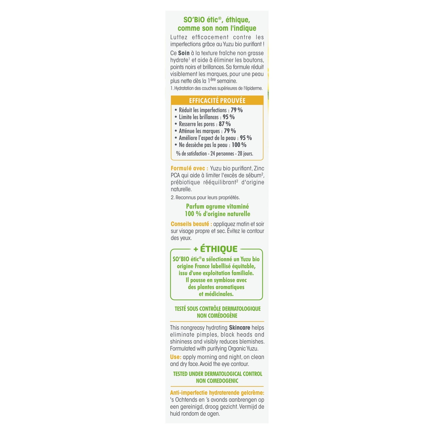 Gel crème Hydratant Anti-Imperfections Visage Yuzu Bio et Zinc Pca Clean'Yuzu SO'BIO ETIC 