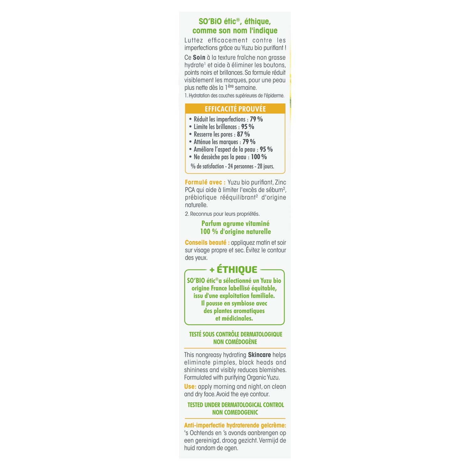 Gel crème Hydratant Anti-Imperfections Visage Yuzu Bio et Zinc Pca Clean'Yuzu SO'BIO ETIC 
