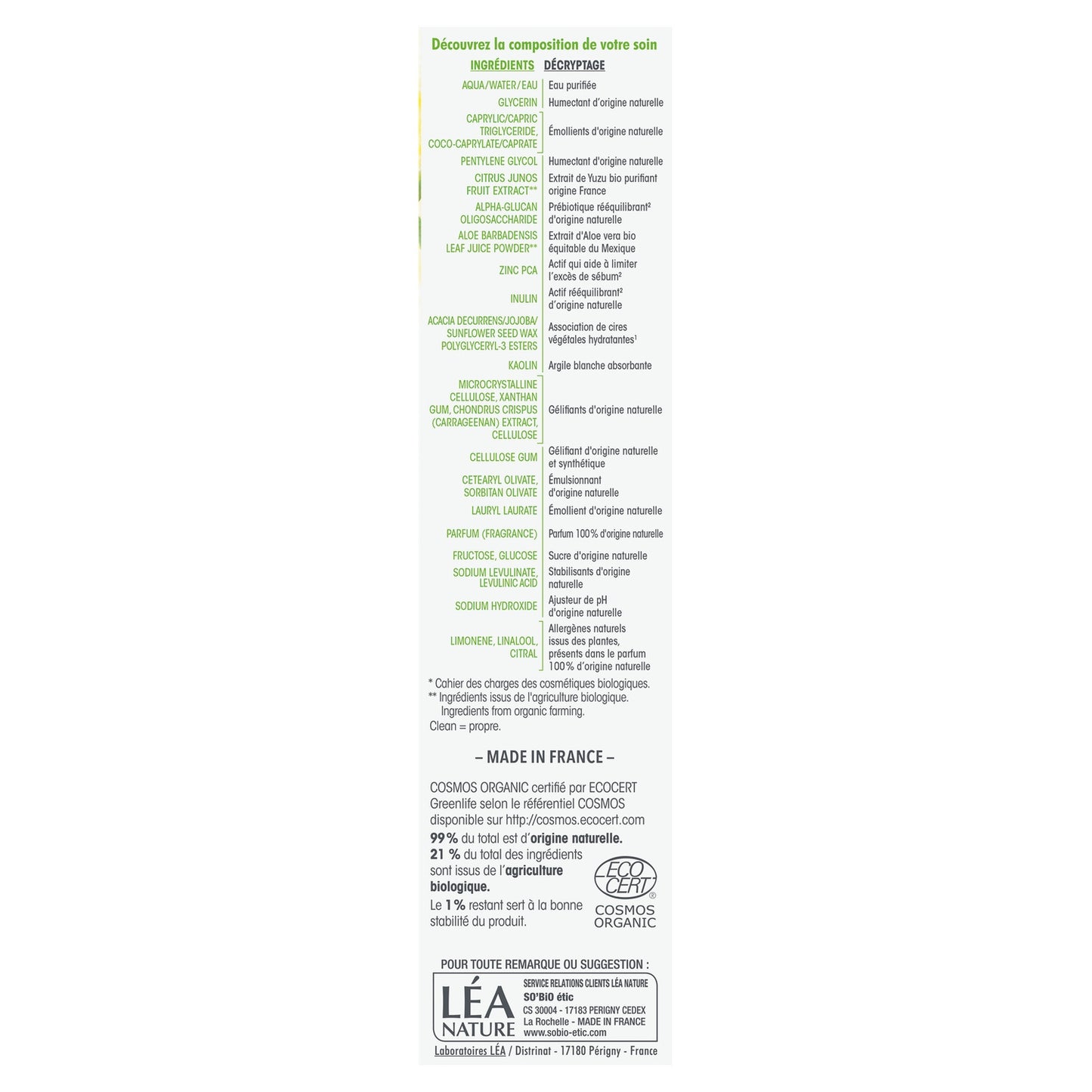 Gel crème Hydratant Anti-Imperfections Visage Yuzu Bio et Zinc Pca Clean'Yuzu SO'BIO ETIC 