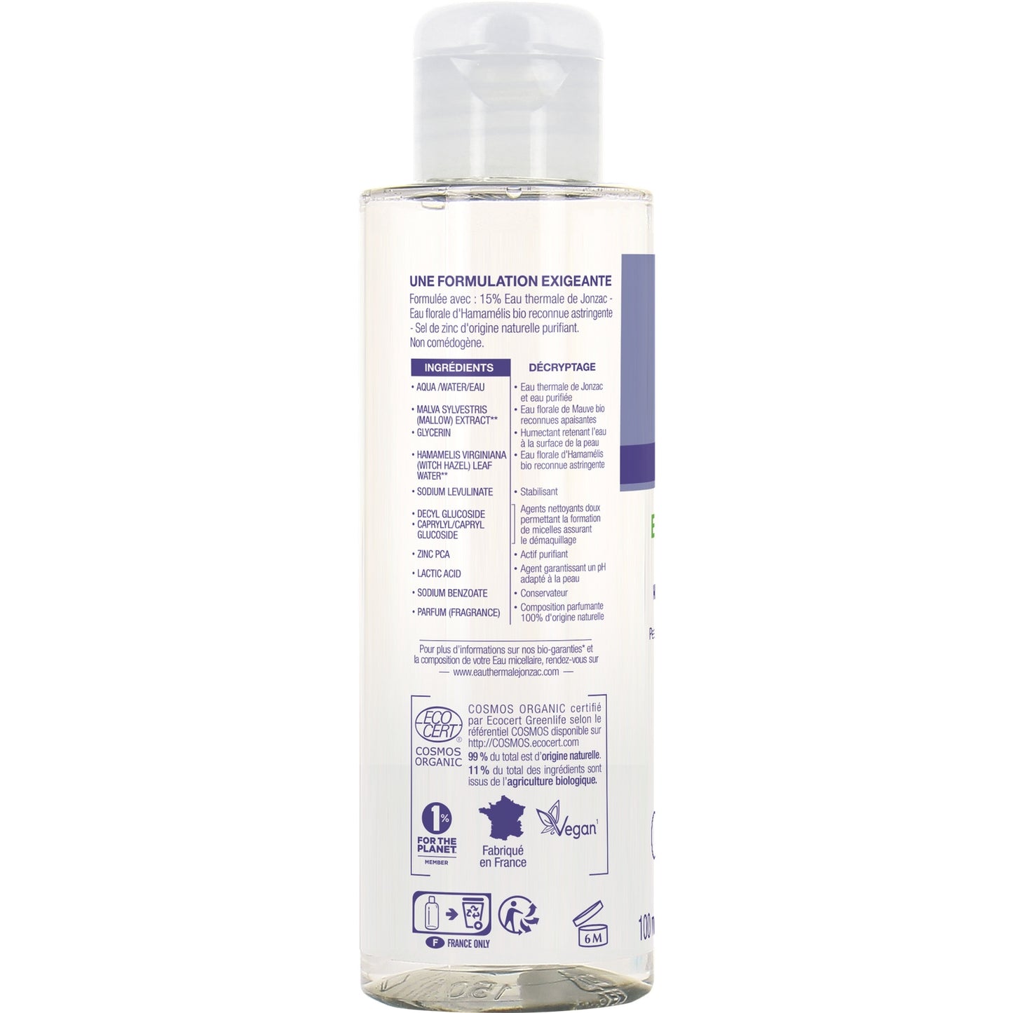 Micellar Face Water for Combination to Oily Skin, Purifying, 0% Organic Alcohol, JONZAC Thermal Spring Water