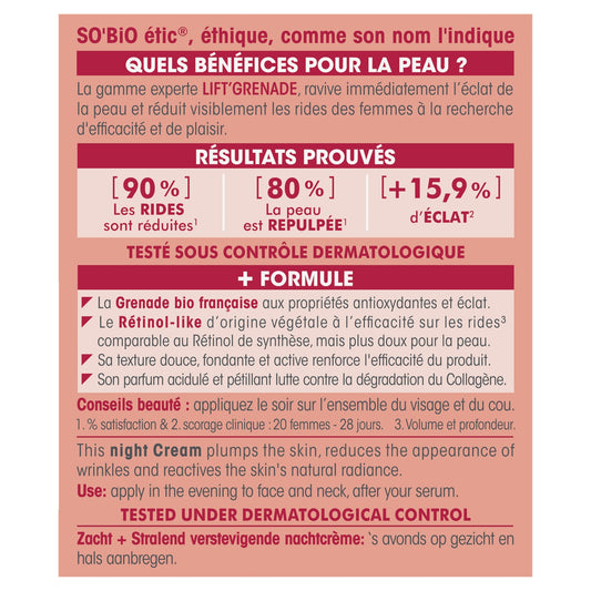 Crème Visage Soin Repulpant et Lissant Nuit Lift Grenade Bio SO'BIO ETIC