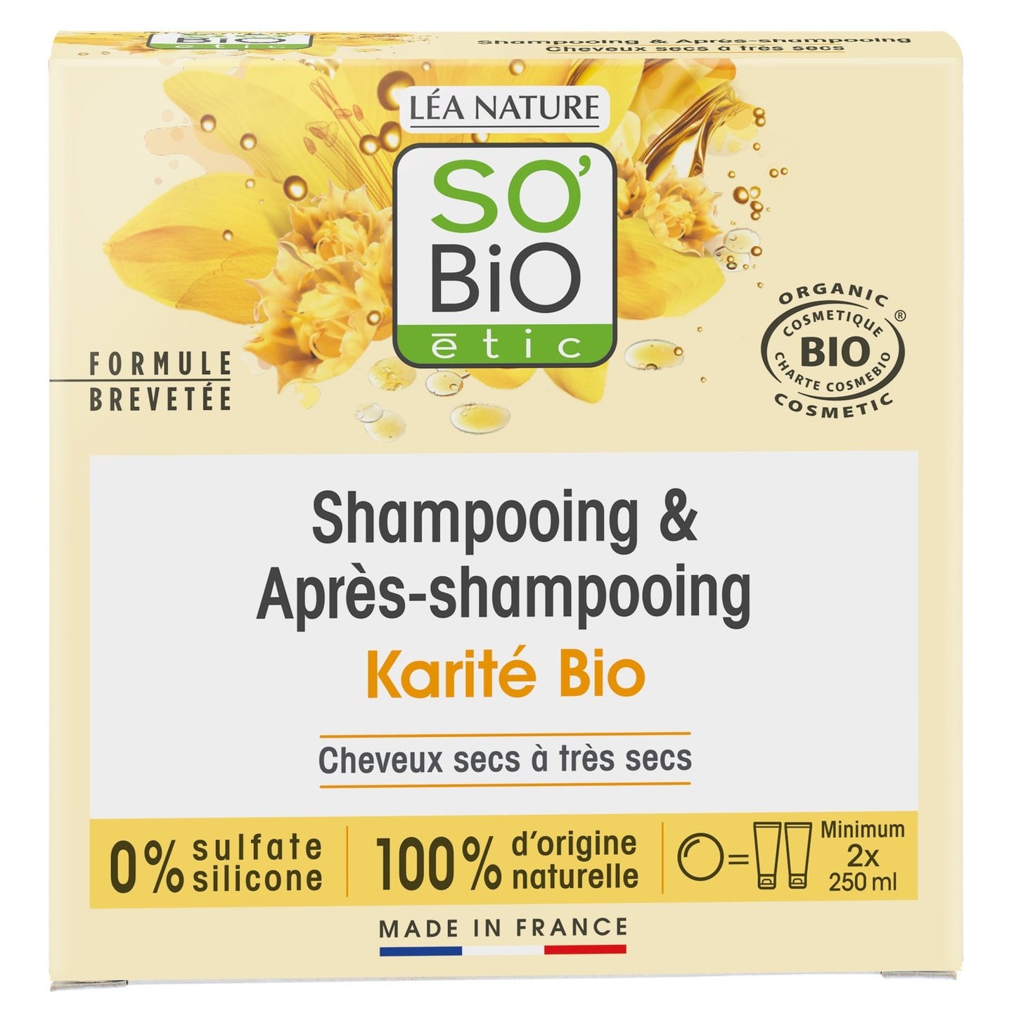 Shampoing Solide Cheveux Secs à Très Secs Karité Bio Démêlant et Silicone SO'BIO ETIC le lot de 2 flacons de 250mL
