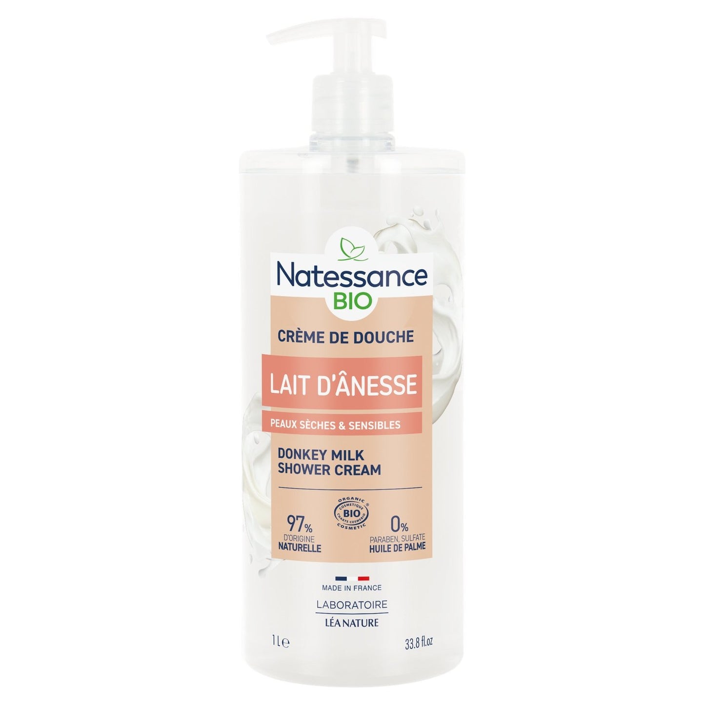 Crème de Douche Peaux Sèches et Fragiles Hydratante au Lait d'Ânesse Bio NATESSANCE la pompe de 1L