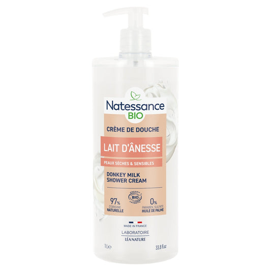 Crème de Douche Peaux Sèches et Fragiles Hydratante au Lait d'Ânesse Bio NATESSANCE la pompe de 1L
