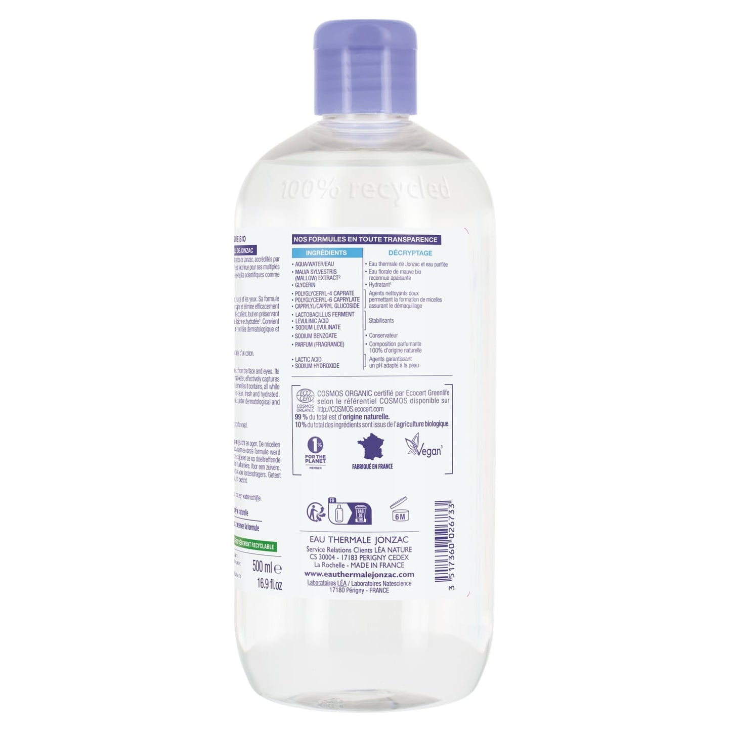 Eau micellaire Visage Yeux Hydratante Apaisante Haute Tolérance EAU THERMALE JONZAC 