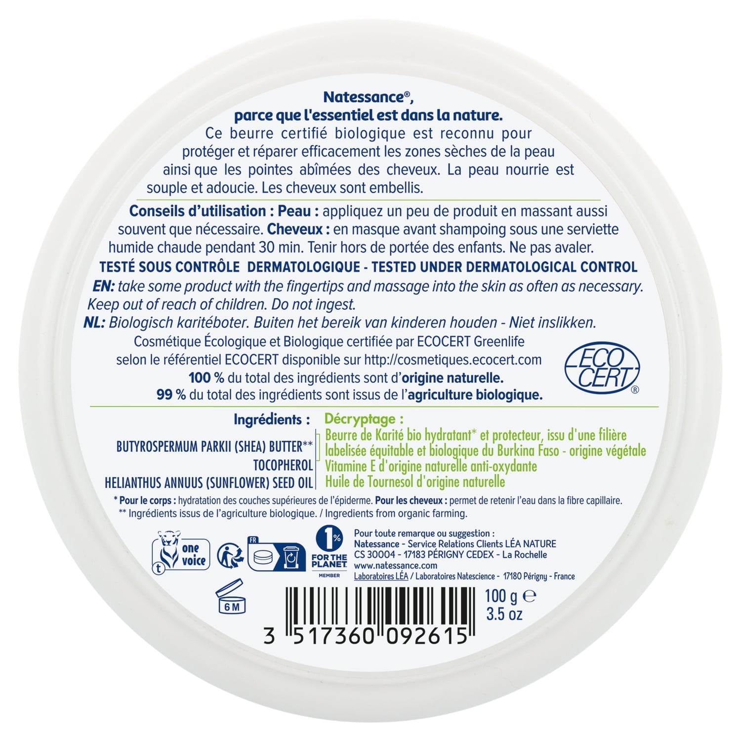 Beurre Corps Nourrissant Protecteur Adoucissant Bio NATESSANCE 