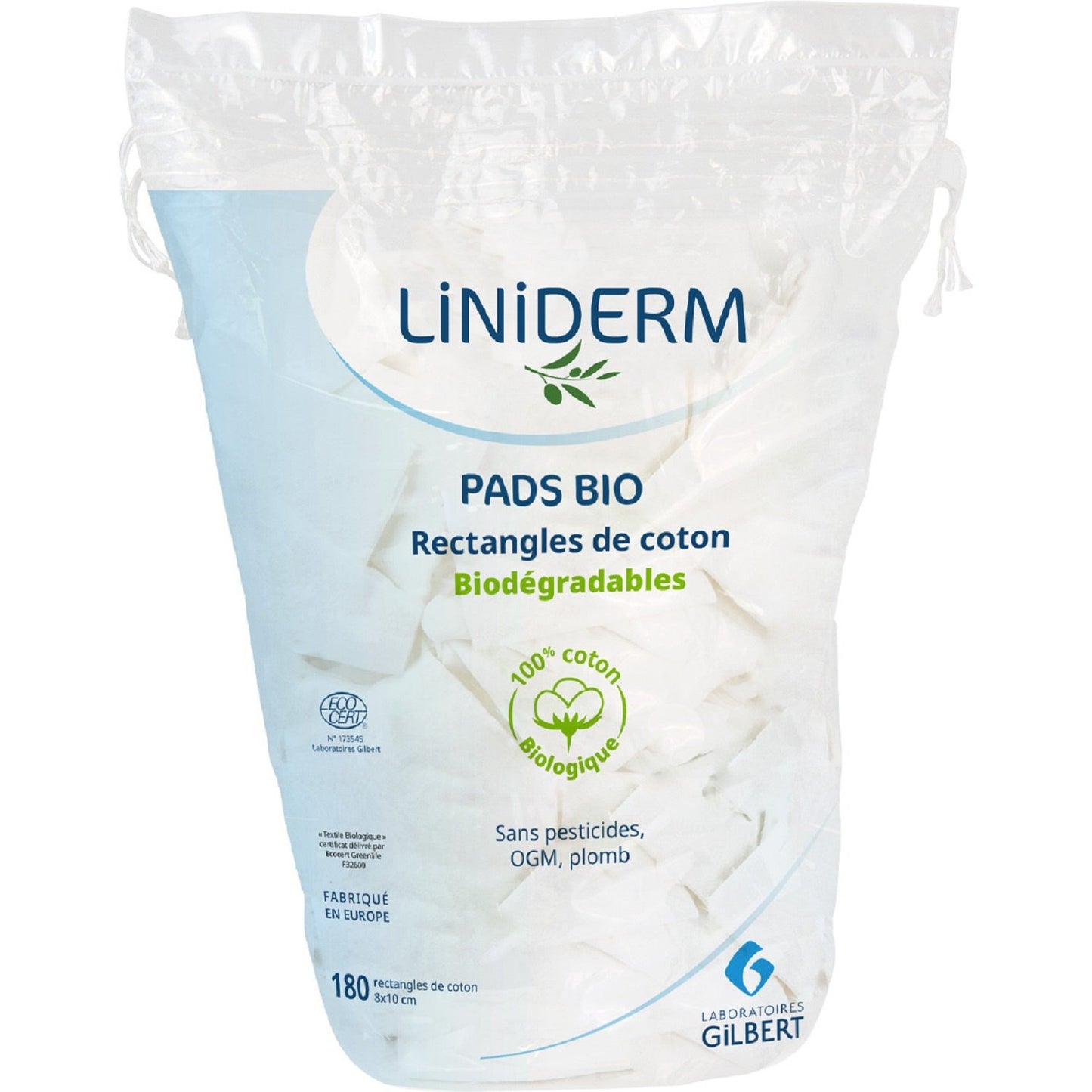 Cotons Pads Doux Biodégradables Certifié Bio LABORATOIRES GILBERT le sachet de 180 rectangles de coton