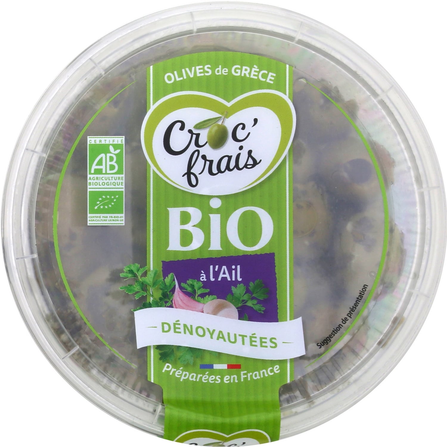 Olives vertes dénoyautées à l'ail Bio CROC'FRAIS 