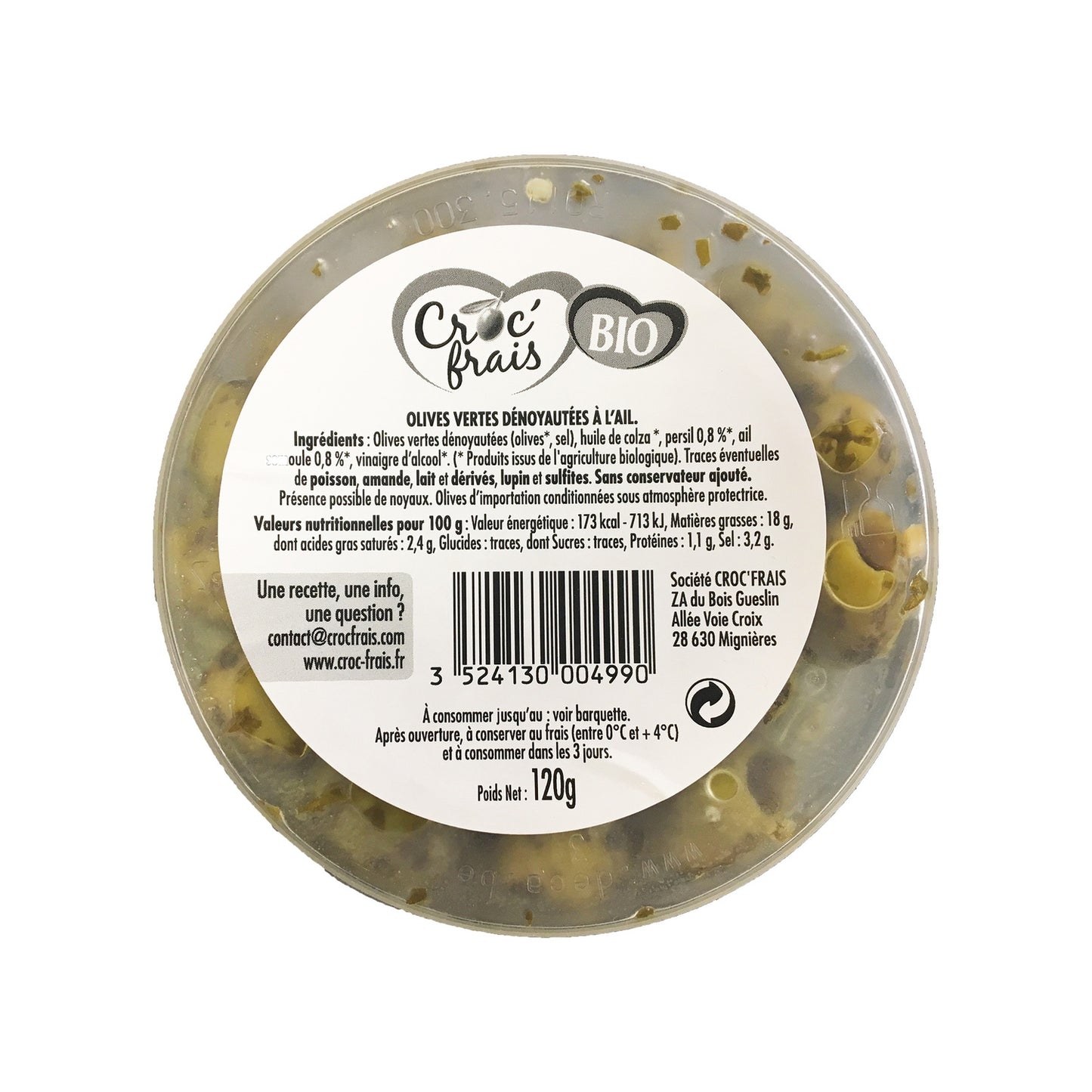 Olives vertes dénoyautées à l'ail Bio CROC'FRAIS 