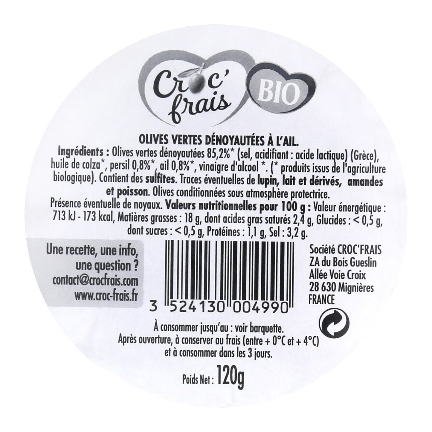 Olives vertes dénoyautées à l'ail Bio CROC'FRAIS 
