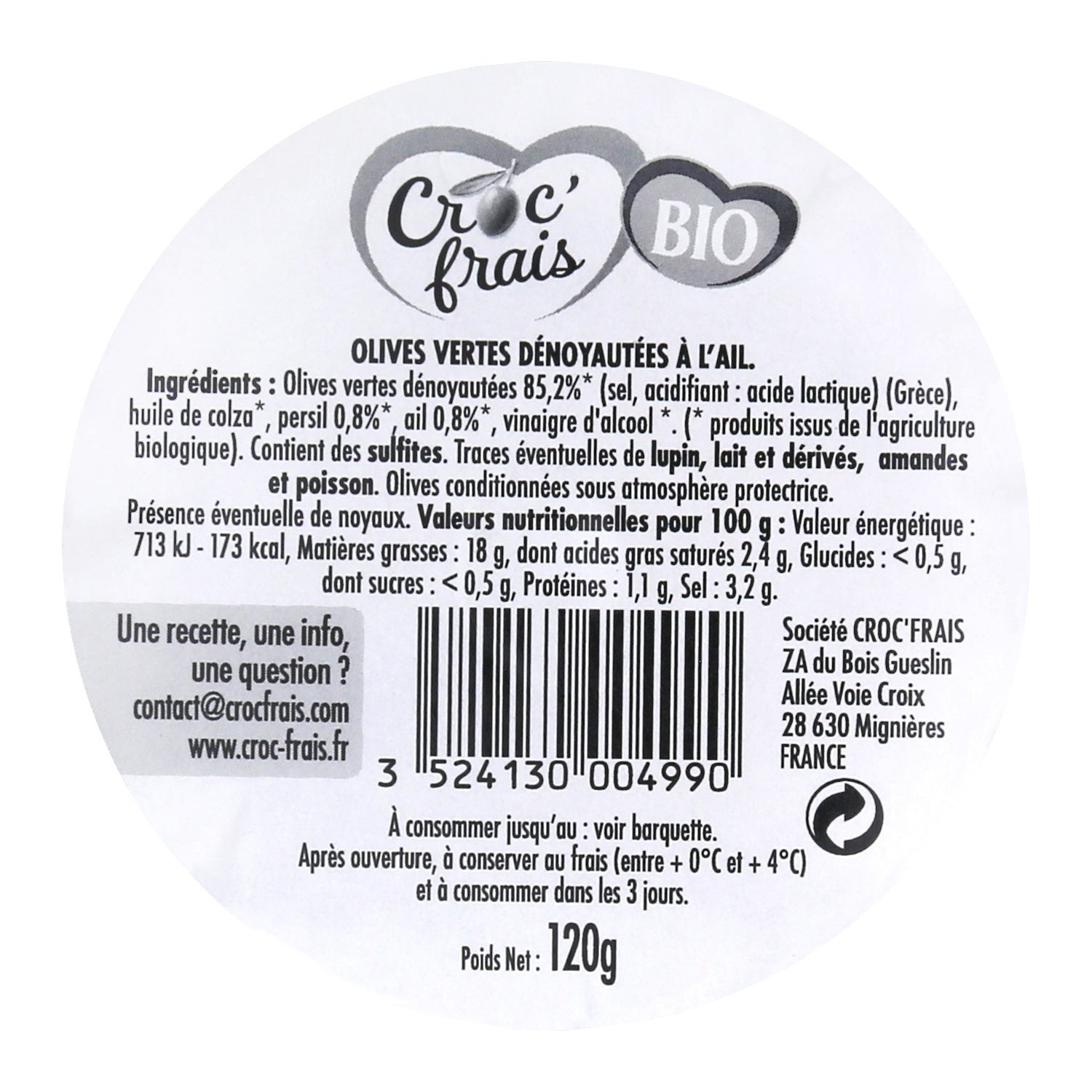 Olives vertes dénoyautées à l'ail Bio CROC'FRAIS 