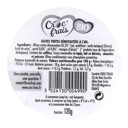 Olives vertes dénoyautées à l'ail Bio CROC'FRAIS 