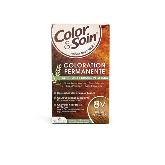 Coloration Permanente 8v Blond Veneziano Sans Ammoniaque Color et Soin 3 CHENES la boite de coloration