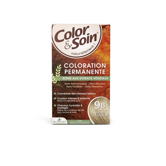 Coloration Permanente 9b Blond Clair Nacré Sans Ammoniaque Color et Soin 3 CHENES la boite de coloration