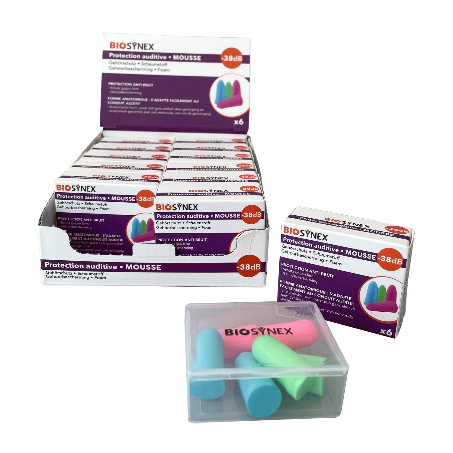 Protection Auditive Anti-Bruit en Mousse Forme Anatomique de Couleurs 3 Paires BIOSYNEX la boîte de 6 protections
