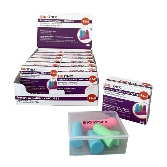 Protection Auditive Anti-Bruit en Mousse Forme Anatomique de Couleurs 3 Paires BIOSYNEX la boîte de 6 protections