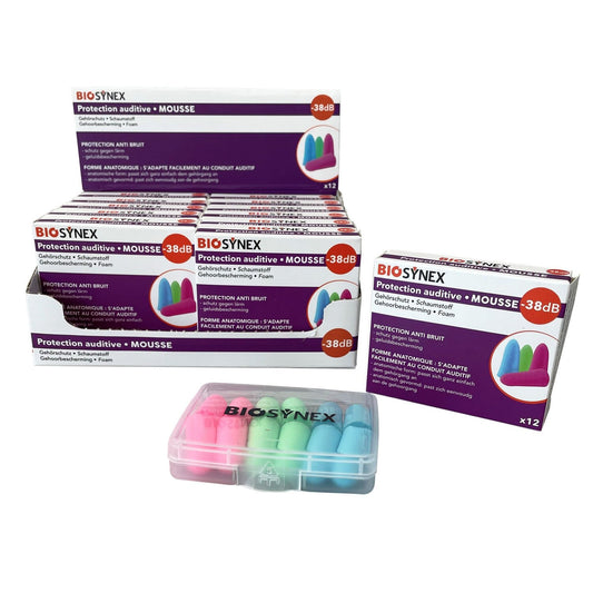 Protection Auditive Anti-Bruit en Mousse Forme Anatomique de Couleurs BIOSYNEX la boîte de 12 protections