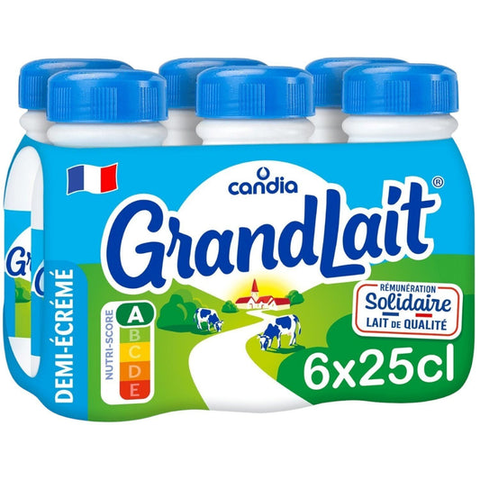 Lait Demi-Écrémé Grandlait CANDIA le pack de 6 bouteilles de 25cL
