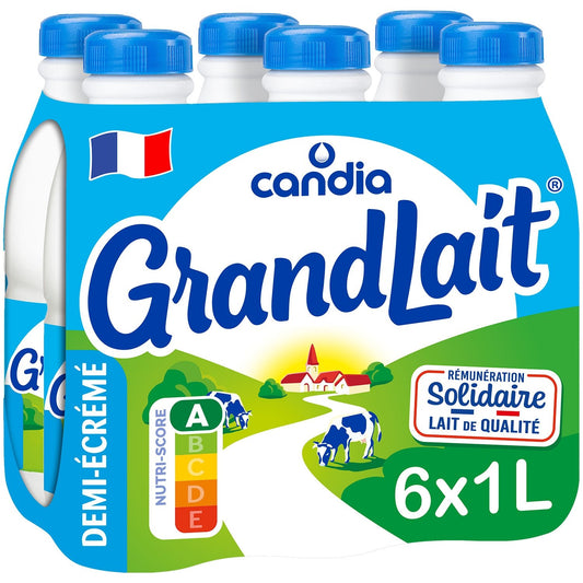 Lait Demi-Écrémé Grandlait CANDIA le pack de 6 bouteilles de 1L