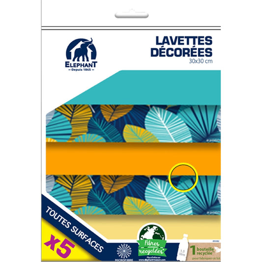 Lavette Microfibre Décorées X5 ELEPHANT le lot de 5 lavettes