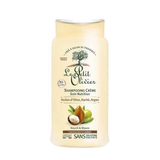Shampoing Crème Soin Nutrition Cheveux Secs et Abîmés Huiles d'Olive, Karité, Argan et LE PETIT OLIVIER le flacon de 250mL