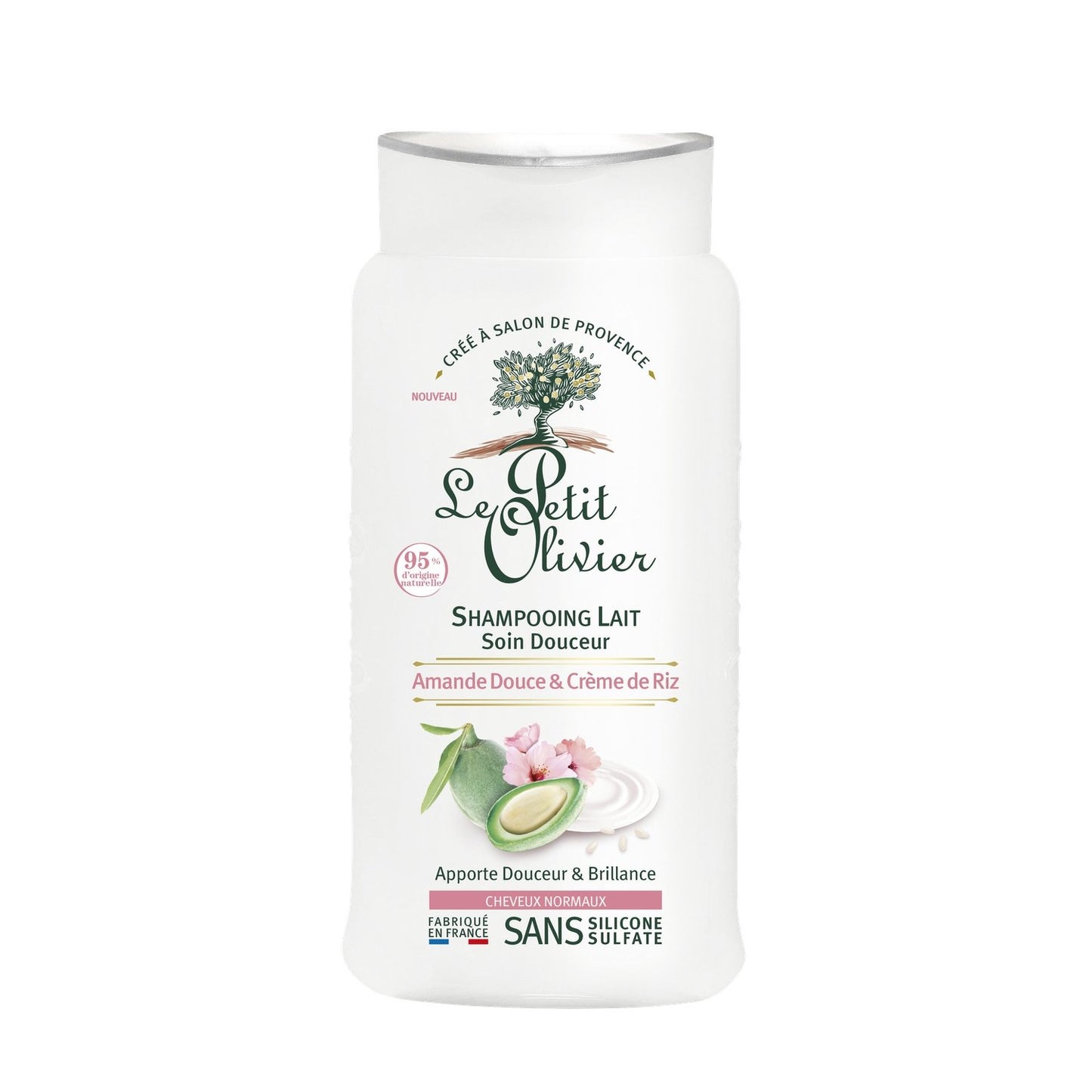 Shampoing Cheveux Normaux Douceur et Brillance Lait d'Amande et Crème de Riz LE PETIT OLIVIER le flacon de 250mL