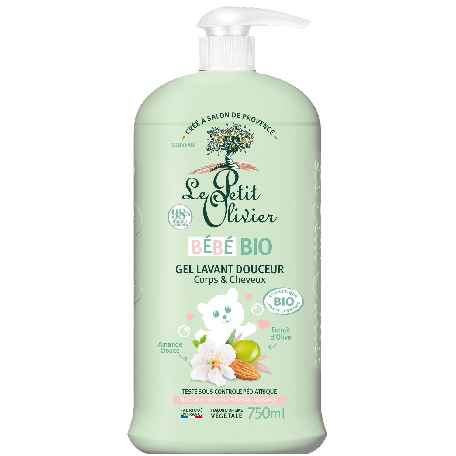 Gel Douche Bébé Corps et Cheveux Amande Douce Olive Bio Peaux Sensibles LE PETIT OLIVIER le flacon de 750mL