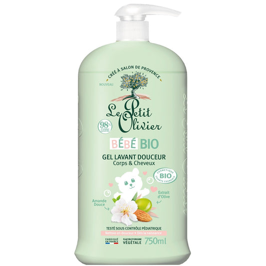 Gel Douche Bébé Corps et Cheveux Amande Douce Olive Bio Peaux Sensibles LE PETIT OLIVIER le flacon de 750mL