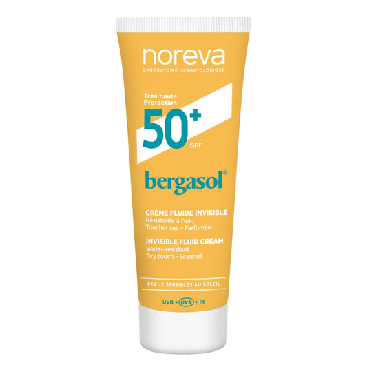 Crème Solaire Peau Sensible Très Haute Protection Spf 50+ Invisible Résistante à l'Eau Bergasol NOREVA le flacon de 50mL