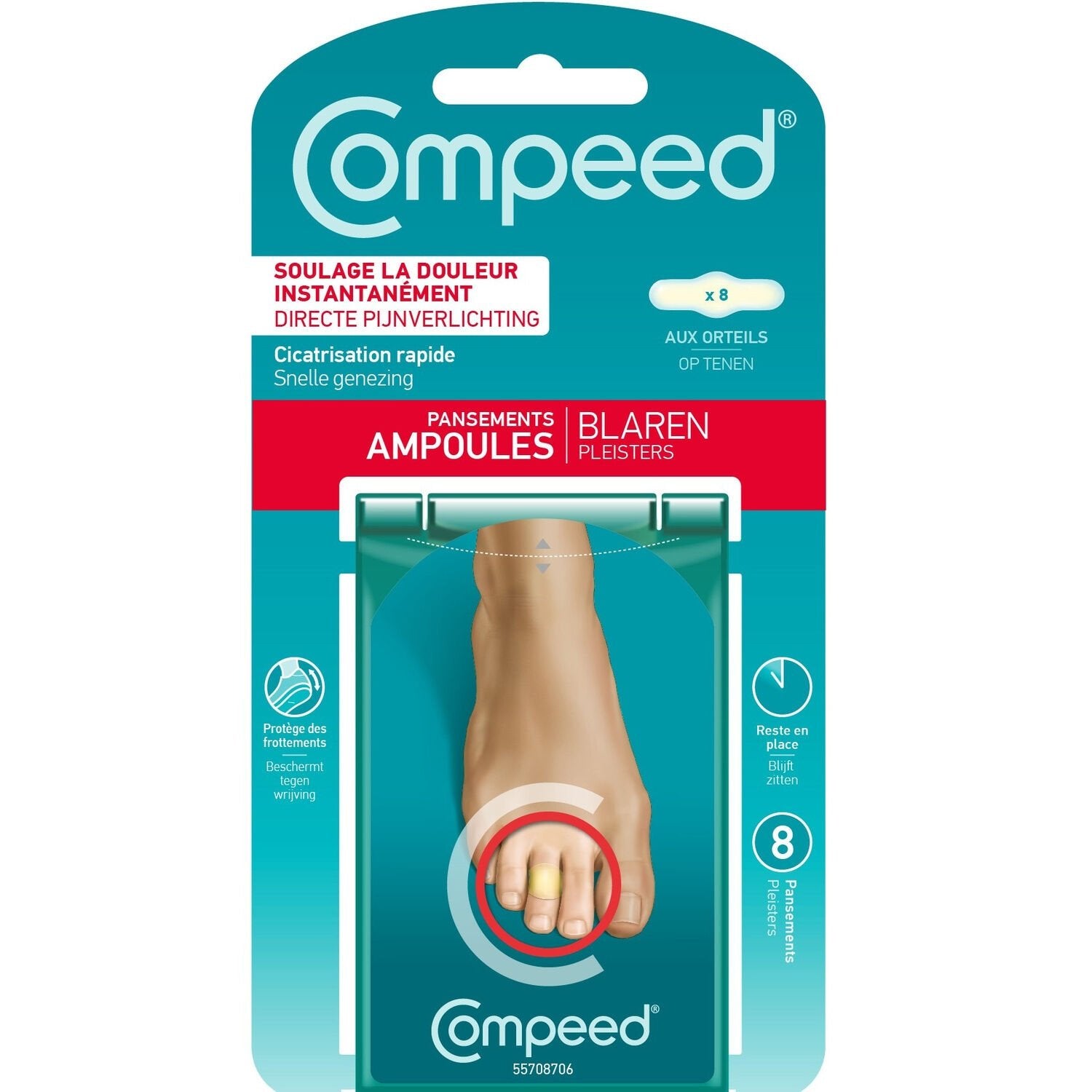 Pansements Ampoules Soulage la Douleur Immédiatement Anti-Frottements Orteils COMPEED les 8 pansements