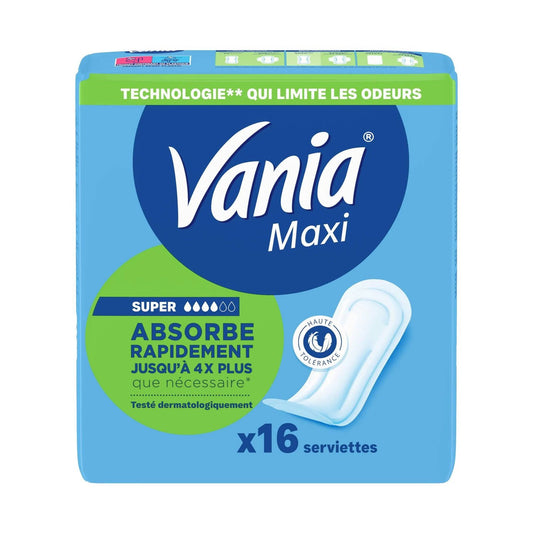Serviettes Hygiéniques Sans Ailettes Super Maxi Confort VANIA le pack de 16 serviettes hygiéniques
