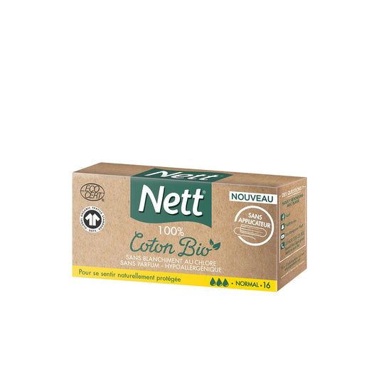 Tampons Sans Applicateur Normal 100% Coton Bio NETT la boite de 16 tampons