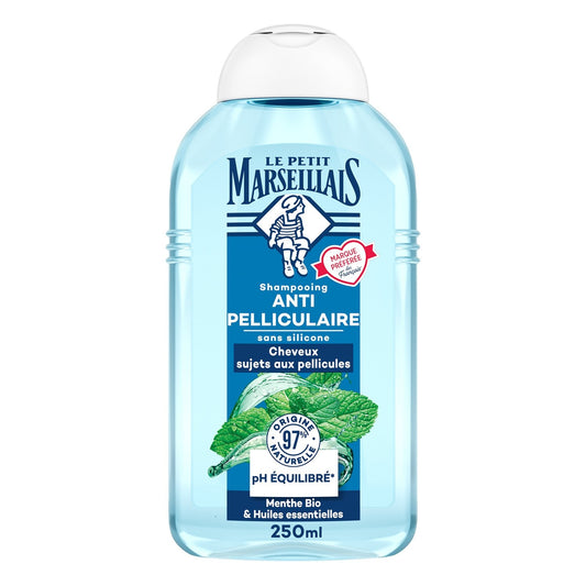 Shampoing Antipelliculaire Cheveux sujets aux pellicules Menthe Bio et Huiles essentielles LE PETIT MARSEILLAIS le flacon de 250mL